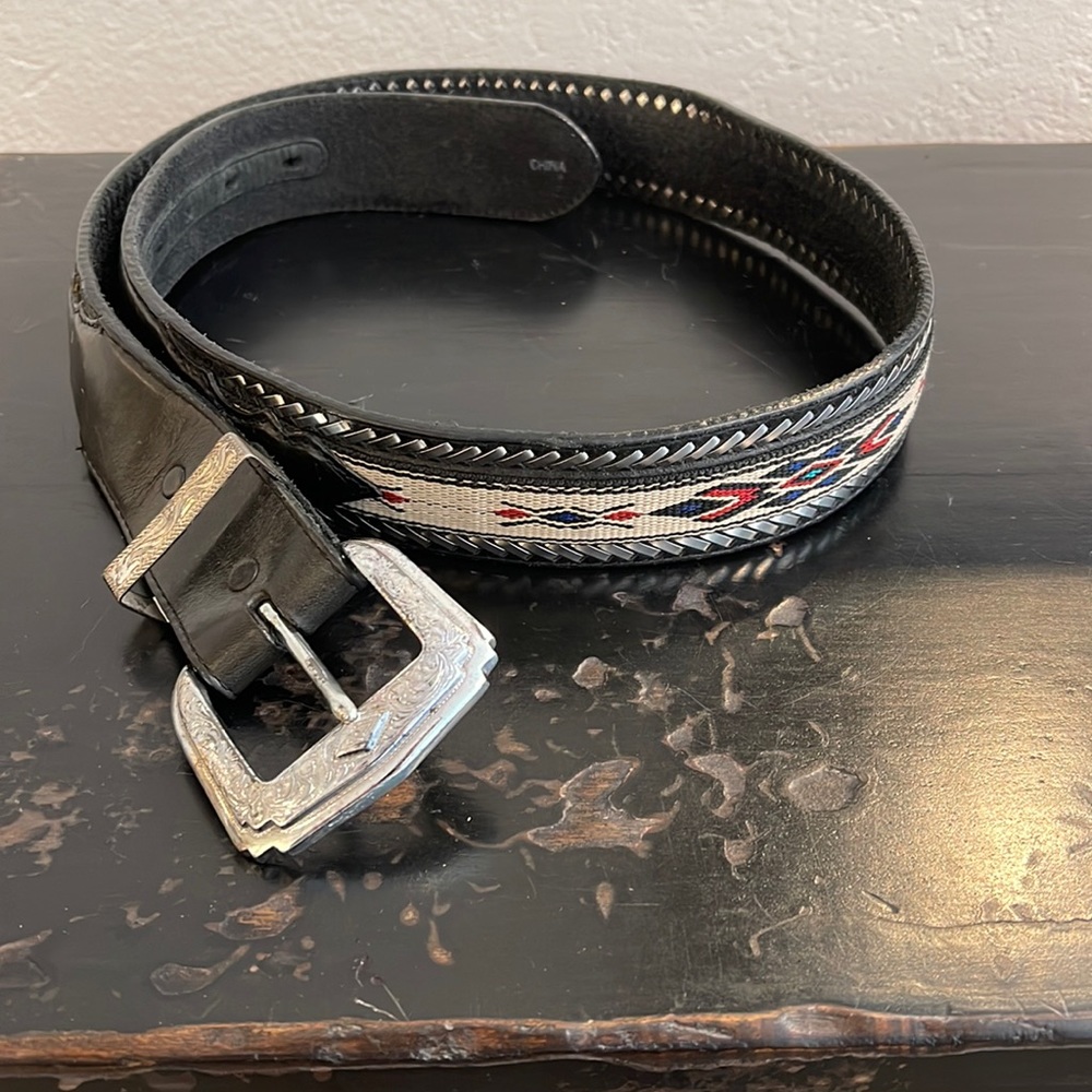 WESTERN Retro JUSTIN’S Black Canvas Aztec Southwest Southwestern belt 34